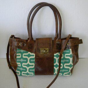 JOYN GENUINE LEATHER VINTAGE DISTRESSED SHOULDER BAG W/FRONT TURQUOISE/WHITE